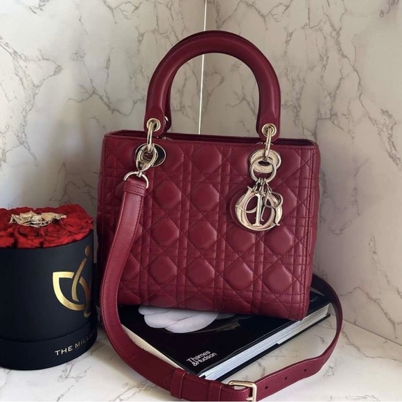 Dior Handbags - Christian Dior Lady dior medium bag lipstick red lambskin cannage quilted